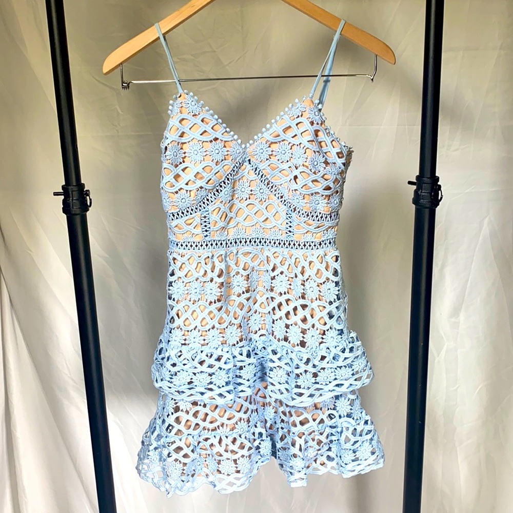 Lulus, Light Blue/Nude Crochet Dress